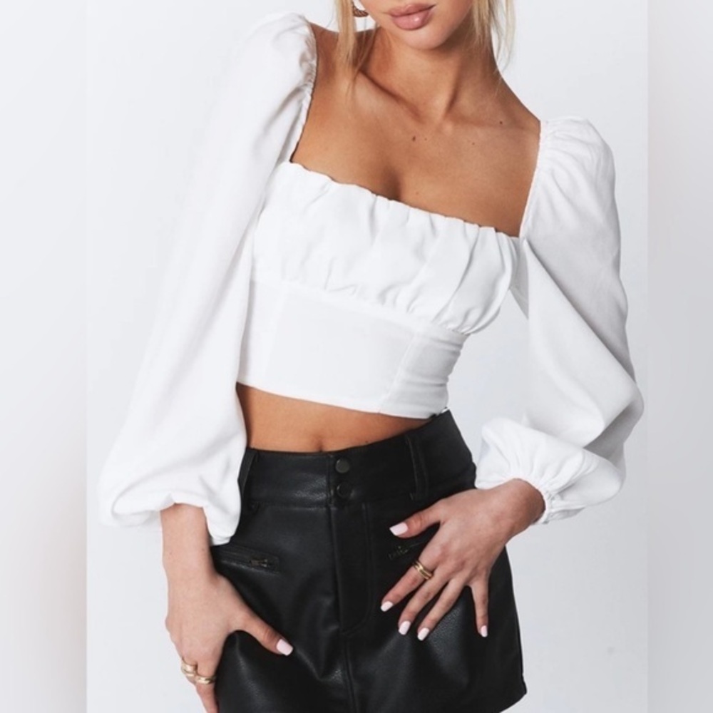 Princess Polly Ariah White Puff Long Sleeve Crop Top Size 2